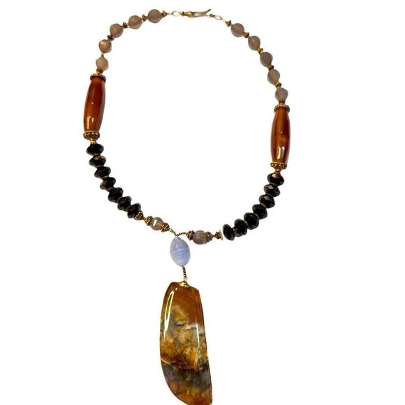 Artisan Agate & Chalcedony Pendant Necklace Handcrafted Gemstone Glass Bead Stat - Picture 1 of 9